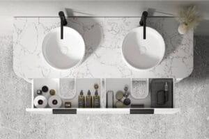 Modern double bathroom vanity with white marble countertop and two vessel sinks, featuring storage shelves and bathroom essentials, showcasing high-quality fixtures and stylish design.