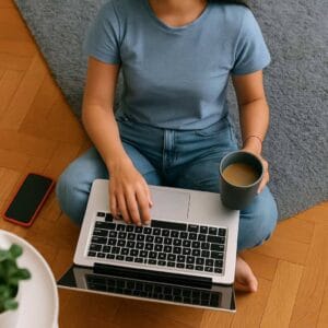 Laptop user working remotely, home office setup, casual clothing, coffee mug, wireless smartphone on wooden floor.