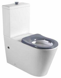 Modern white toilet with a dark gray seat and tank lid, designed for bathroom renovation and plumbing supplies.