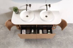 Modern double sink bathroom vanity with wooden drawers and open storage compartments, ideal for bathroom renovation and home improvement projects.