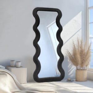Modern Wavy Teddy Velvet Full Length Mirror 160cm x 60cm Black Decorative Wall Mirror