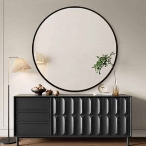 Round Solid Wood Wall Mirror 100cm Black Frame Decorative Living Room Accent