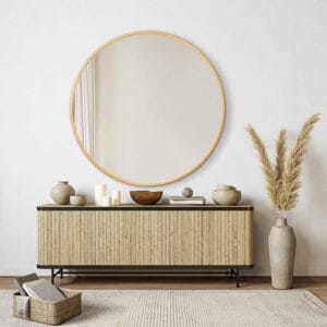 Round Solid Wood Wall Mirror 100cm Log Colour Frame Decorative Living Room Accent