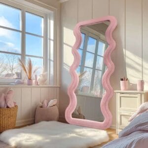 Modern Wavy Teddy Velvet Full Length Mirror 160cm x 60cm Pink Decorative Wall Mirror