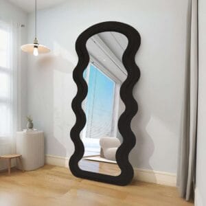Modern Arched Wavy Velvet Full Length Mirror 160cm x 60cm Black Wall Mirror