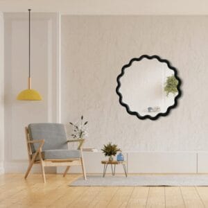 Besty Wavy Round Wall Mirror 60cm x 60cm Black MDF Frame