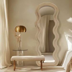Modern Arched Wavy Velvet Full Length Mirror 160cm x 60cm Beige Wall Mirror
