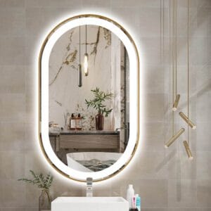 Gold Oval LED Bathroom 100cm x 50cm Frosted Edge Defogger Dimmable Wall Mirror