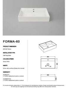 Forma 60 Wall Hung Basin specifications
