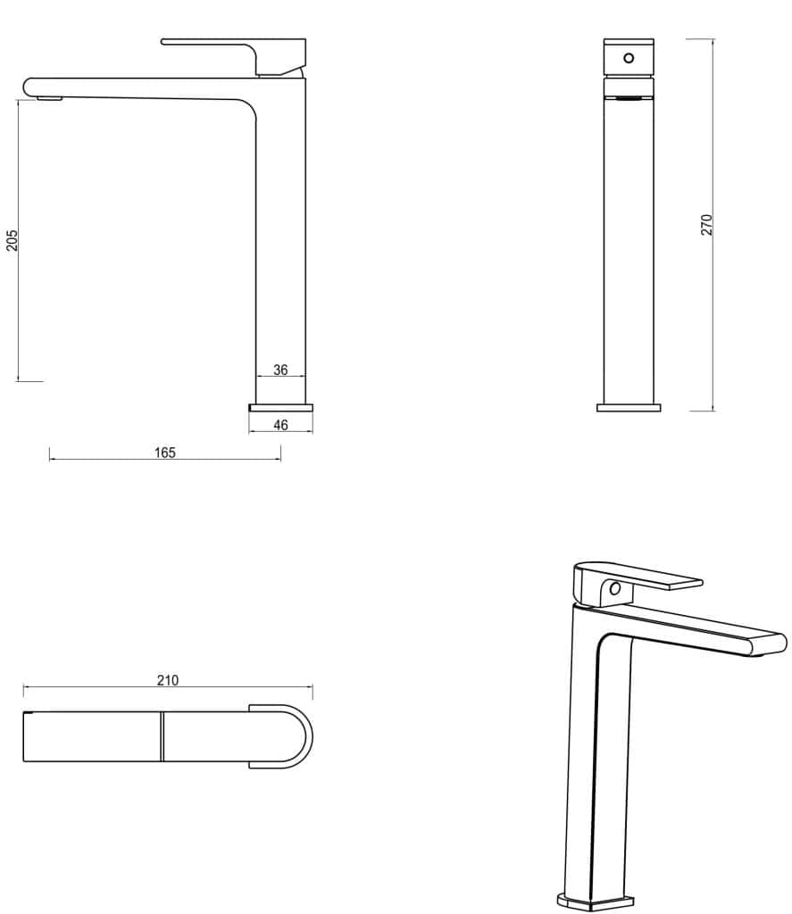 Beki Tall Basin Mixer dimension drawing