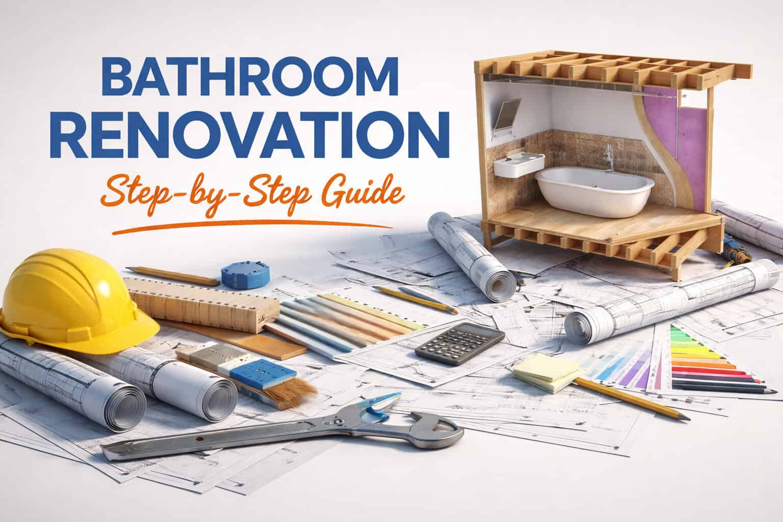 Bathroom renovation timeline showing step-by-step renovation planning tools, bathroom model, and materials layout