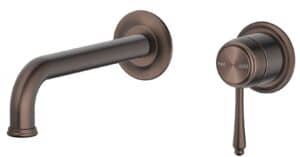 Bathroom Tapware Buying Guide: How to Choose the Right Tapware 1 Bella Vista heritage tapware in brushed bronze finish featuring wall mounted spout and traditional lever handle