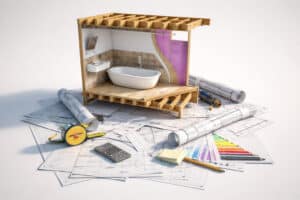 3D cutaway model showing bathroom renovation planning stages including framing, waterproofing, and fixture installation