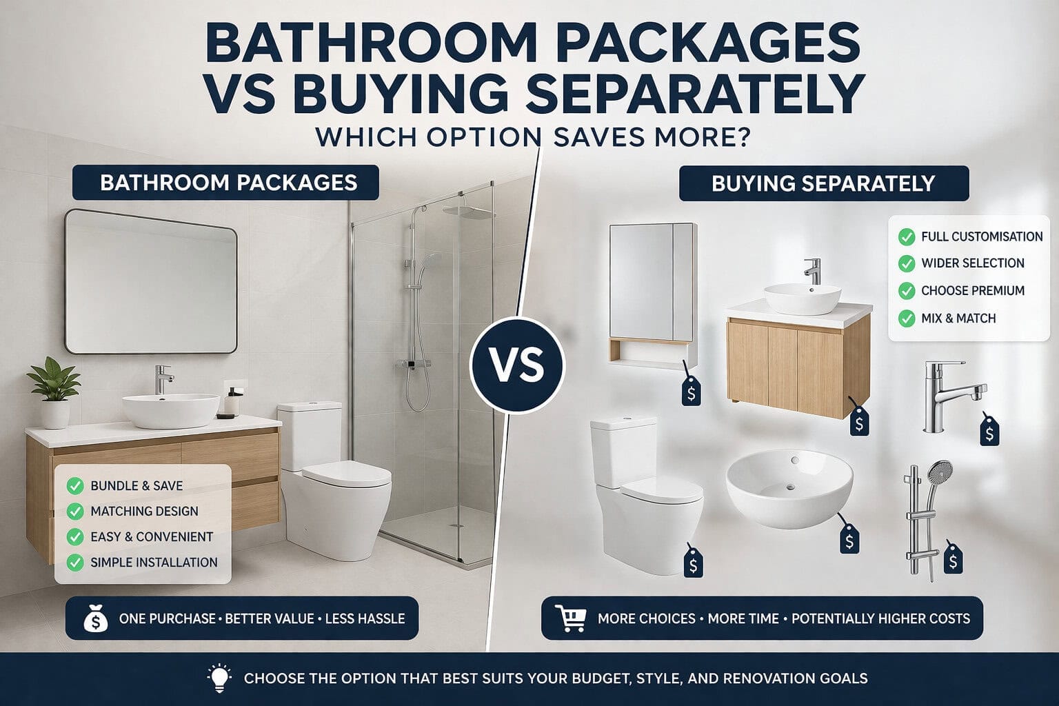 Bathroom packages vs buying separately comparison showing bundled and individual bathroom fixtures
