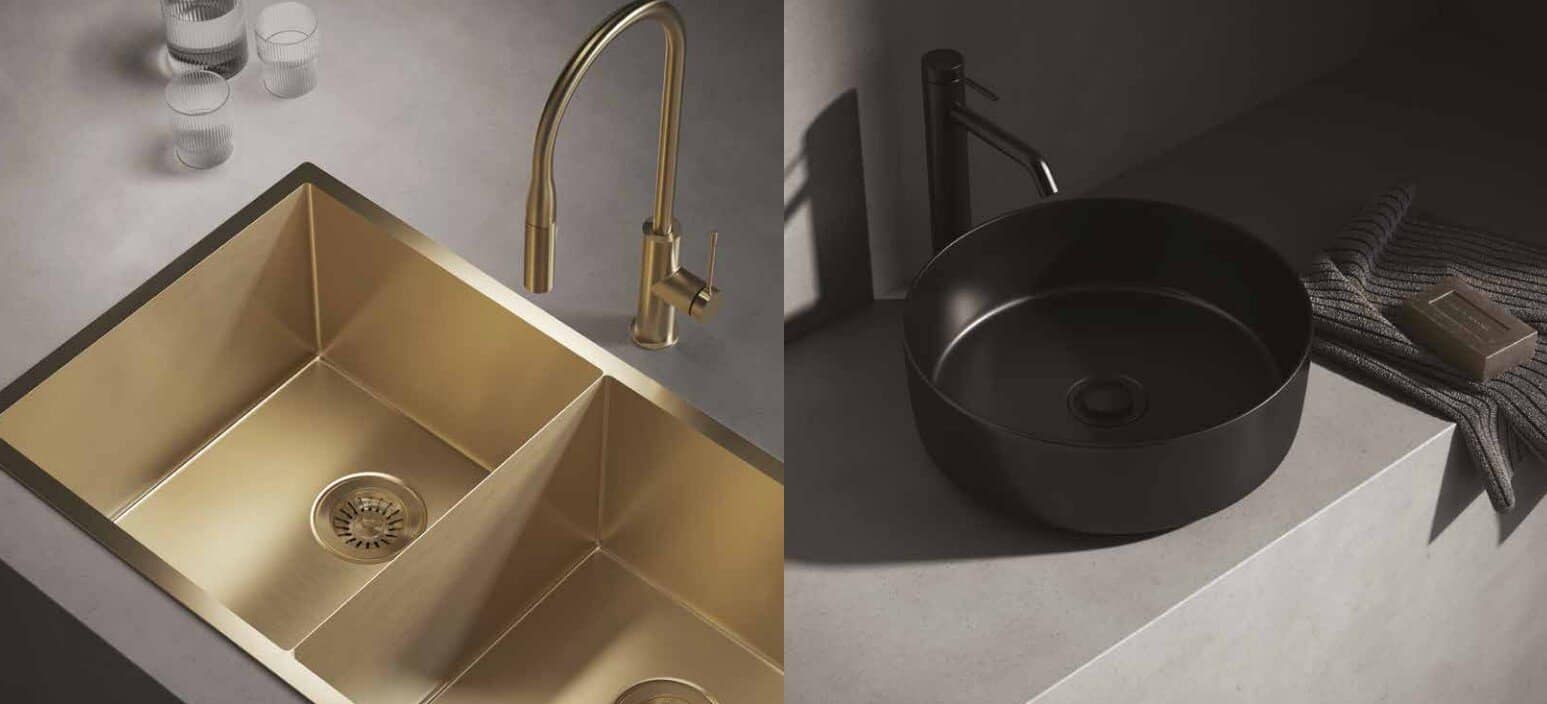 Modern bathroom tapware finishes in black and gold showing basin and sink tapware.