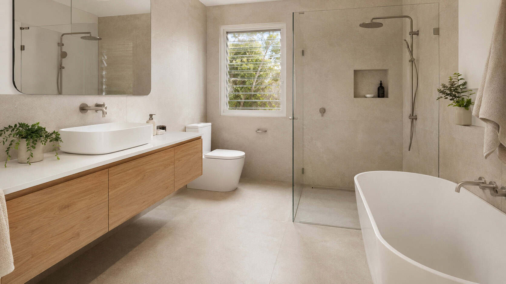 Bathroom warehouse products in a modern Australian bathroom with timber vanity, bath, toilet and walk-in shower