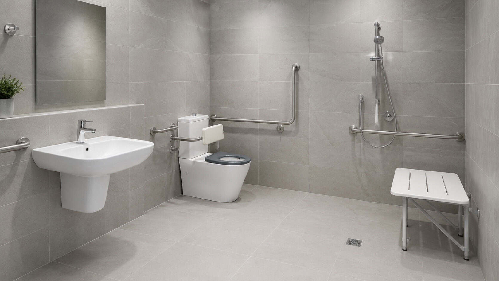 wheelchair accessible bathrooms with hobless shower, grab rails and accessible basin