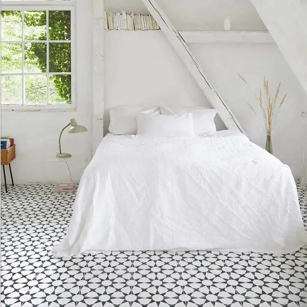 Heritage tiles on the floor of a modern Australian bathroom