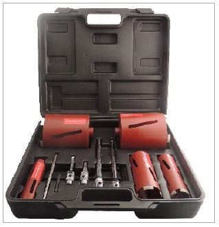 Diamond drill bit drilling a porcelain bathroom tile
