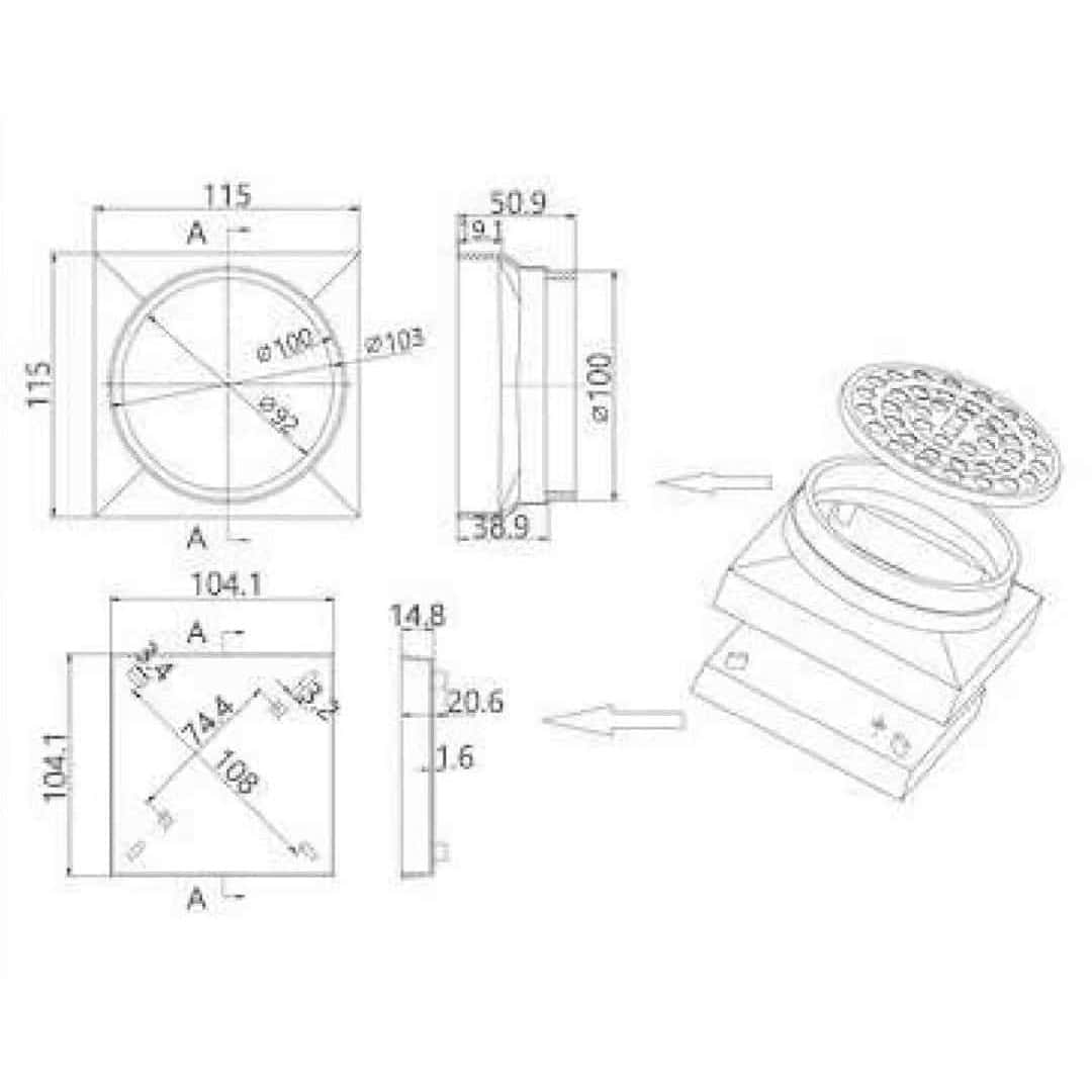 115 x 115mm tile insert shower grate dimensions