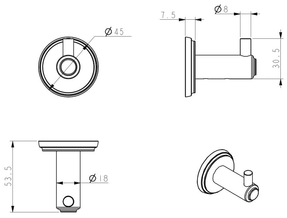 Mica Heritage Robe Hook dimension drawing
