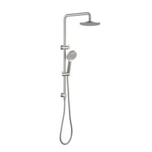 MONDO shower rail in brushed nickel with the round handpiece