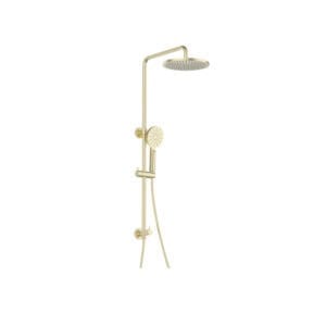 MONDO shower rail in brushed brass with the round handpiece