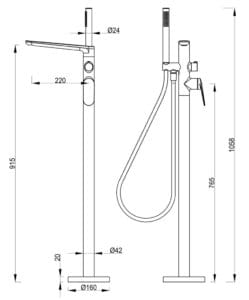 Beki Freestanding Bath Mixer with Hand Shower - TRIM KIT ONLY dimension drawing
