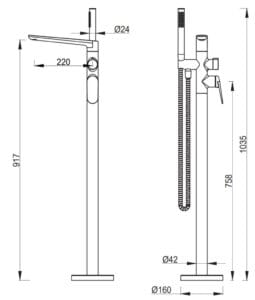 Lantra Freestanding Bath Mixer With Hand Shower - Trim Kit Only dimension drawing