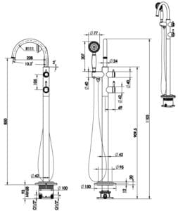 Mica Heritage Freestanding Bath Mixer With Hand Shower - Trim Kit Only dimension drawing