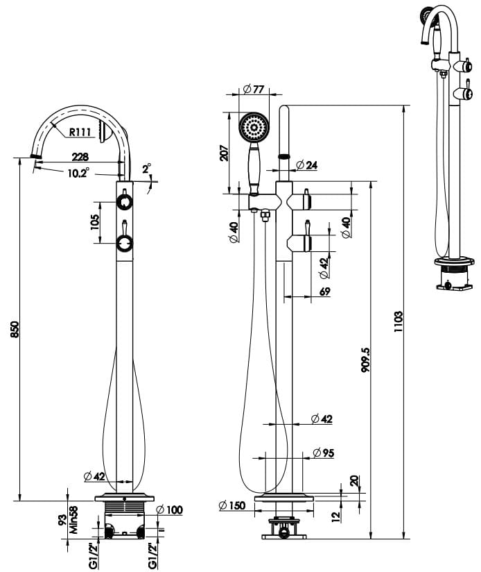 Mica Heritage Freestanding Bath Mixer With Hand Shower - Trim Kit Only dimension drawing