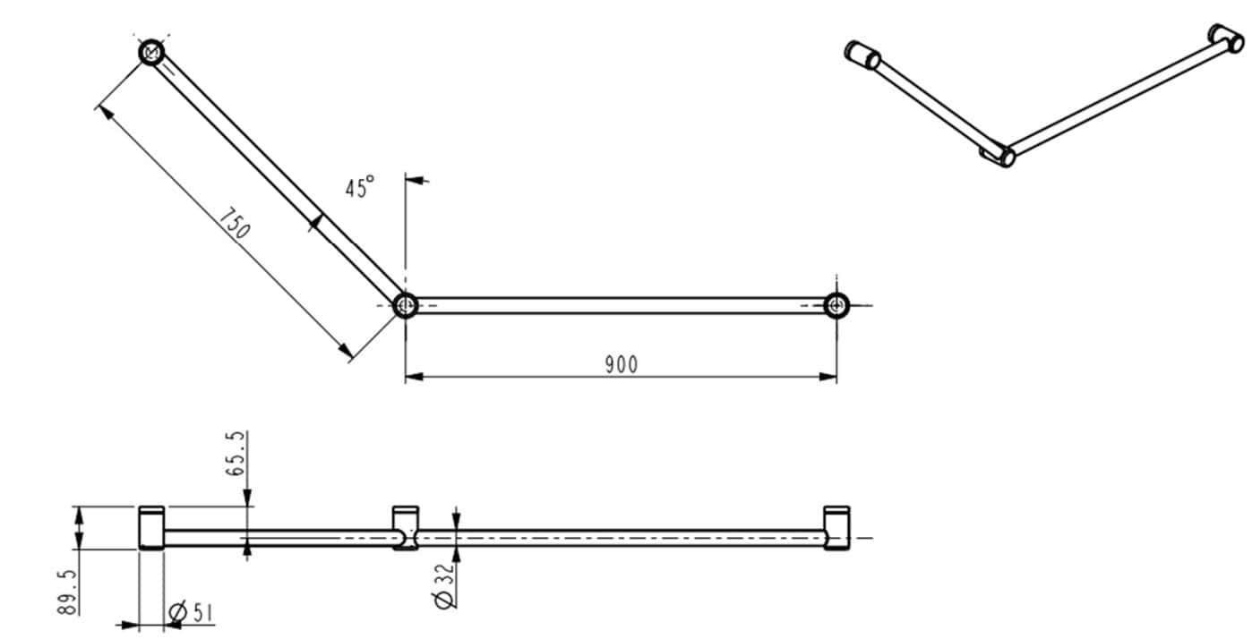 Mica Care Grab Rail - 45 Degree - 750x900mm dimension drawing