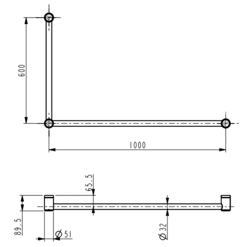 Mica Care Grab Rail - 90 Degree - 600x1000mm dimension drawing