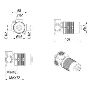 Lantra Shower Mixer - BODY ONLY dimension drawing