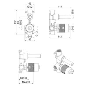 Lantra Shower Mixer Diverter - BODY ONLY dimension drawing