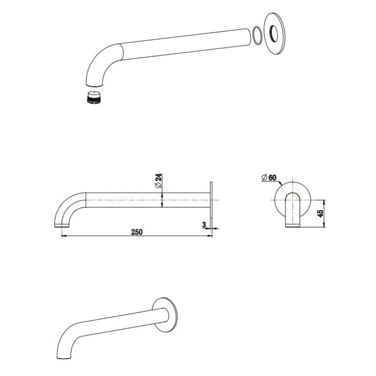 Mica Heritage Bath/Basin Spout dimension drawing