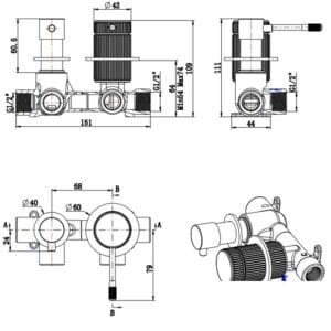 Mica Fluted Shower Mixer Diverter - Sideways dimension drawing
