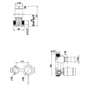 Mica Shower Mixer Diverter Sideways Body dimension drawing