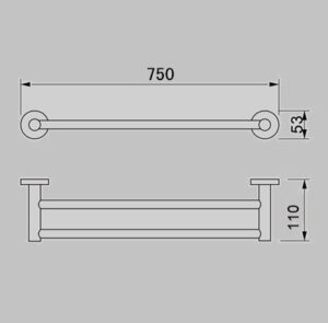 Tiara 750mm double towel rail dimension drawing, 750 x 110mm