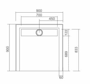 Dimension drawing for the SMC Shower Base With Channel 900 x 900mm