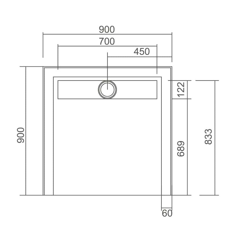 Dimension drawing for the SMC Shower Base With Channel 900 x 900mm