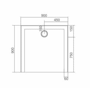 Dimension drawing for the SMC Shower Base 900 x 900mm