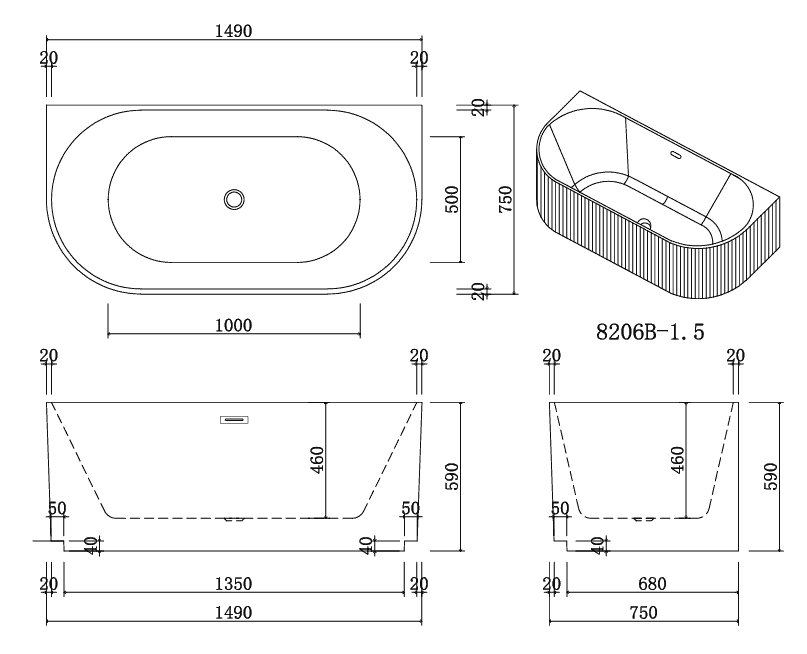Piaza-BTW Fluted Bath Tub 1490mm dimensions drawing