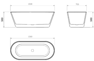 Vivo-II Free Standing Bath Tub 1500mm dimensions drawing