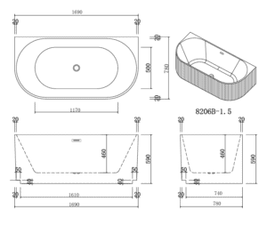 Piaza-BTW Fluted Bath Tub 1690mm dimensions drawing